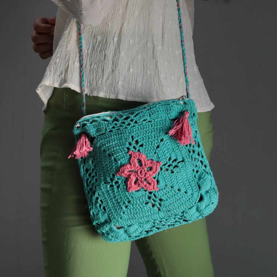 The Pink Flower Crochet Sling Bag