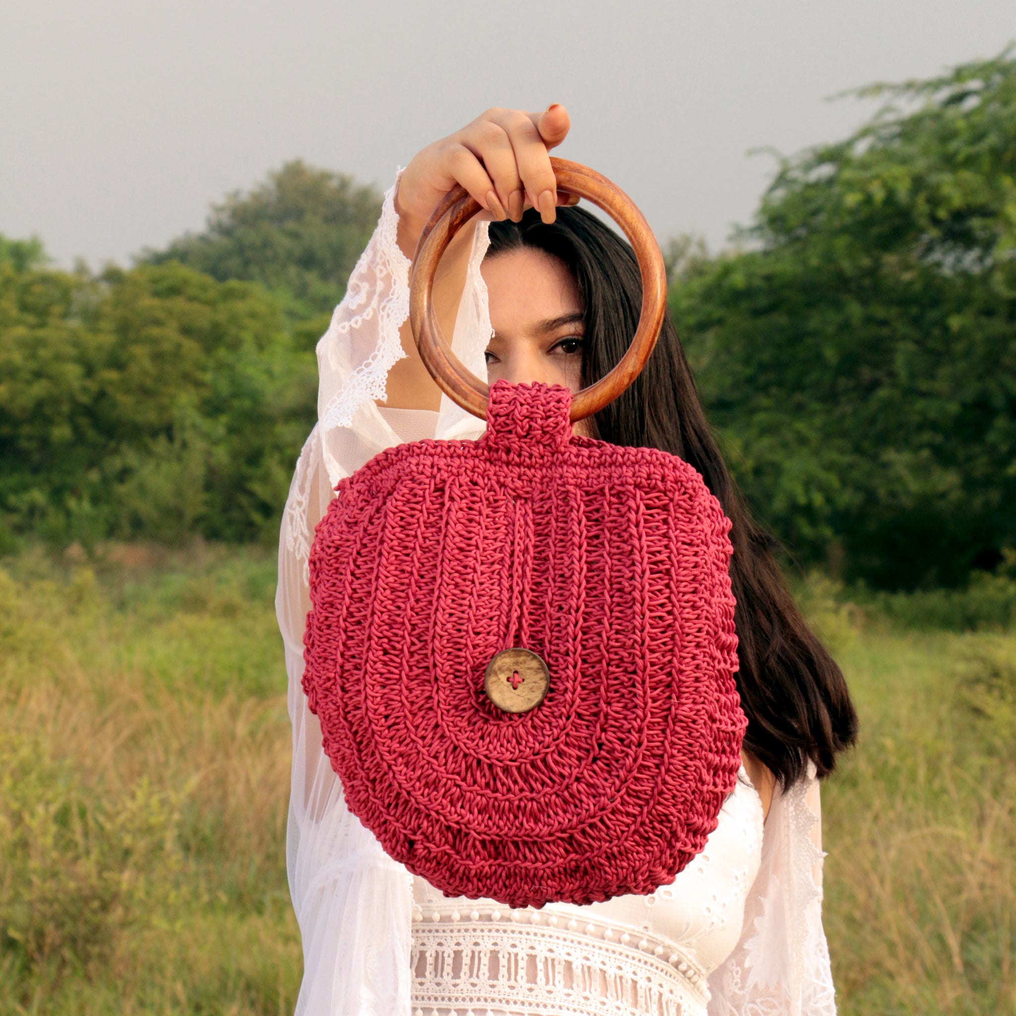 Offers Heavy Duty Bag with Handles Button Closure Cotton Yarn and Rope White Shades Crochet Tote